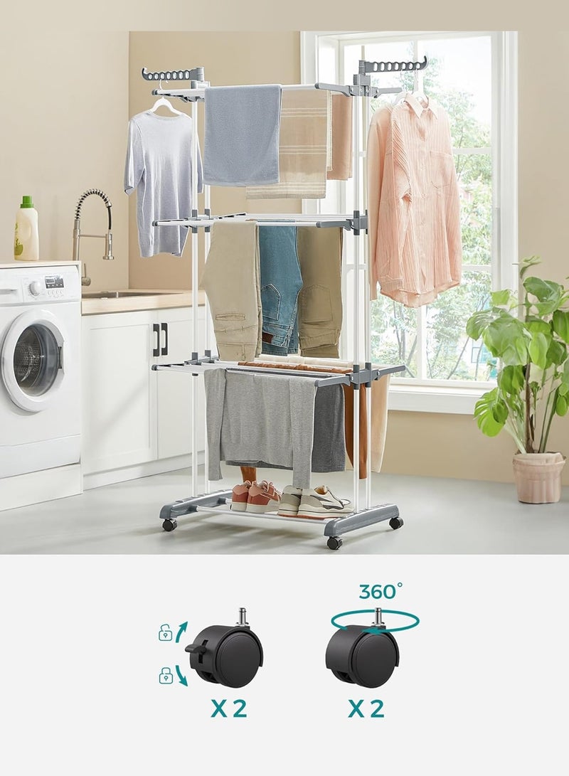 MARGOUN حامل تجفيف الملابس، 4 طبقات كبيرة قابلة للطي، حامل هواء داخلي وخارجي قابل للسحب مع أجنحة قابلة للطي وعجلات قابلة للقفل / لون فضي أزرق - Image 2